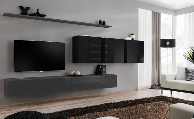 Wohnwand Grau Komplett 7tlg Designer Holzmöbel Sideboard Wandschrank Wand Regal