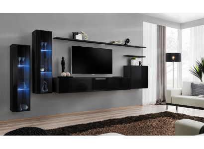 Schwarz Wohnwand Garnitur Wohnzimmer Wandregal Luxus Vitrine Komplett Set