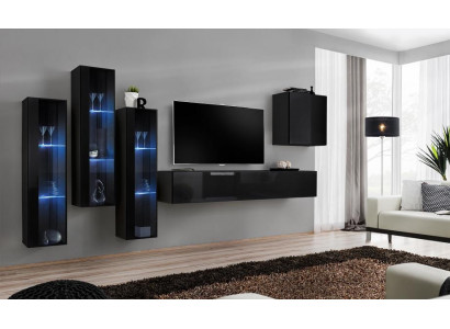 Schwarz Wohnwand Wohnzimmer Set Vitrine Schrank Wandregal 5tlg. Einrichtung
