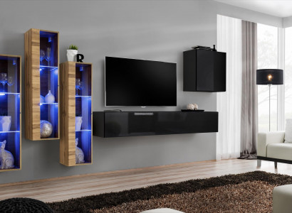 Wohnwand Möbel Wohnzimmer Luxus Hochglanz TV Ständer Schwarz Holz Komplett Neu