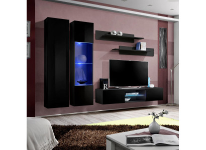 Schwarz Komplett Wohnwand Wohnzimmer Hänge Vitrine Wandschrank Neu