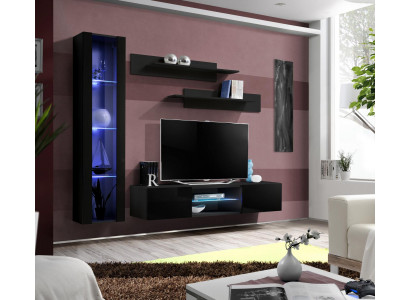 Schwarz Wohnwand Luxus Set 4tlg. Wohnzimmer rtv Hänge Vitrine Moderne Wandregale