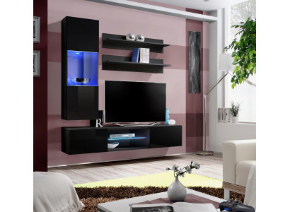 Luxus Hänge Vitrine Wohnwand Set Wohnzimmermöbel Hochglanz Schwarz Einrichtung