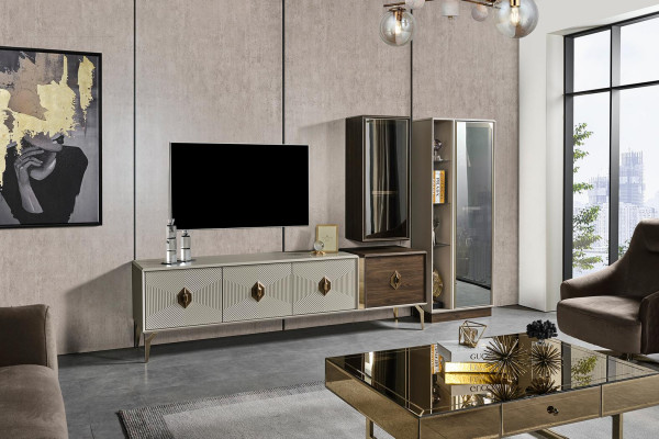 Designer Wohnzimmergarnitur Luxus TV-Ständer Vitrine Wandschrank 3tlg