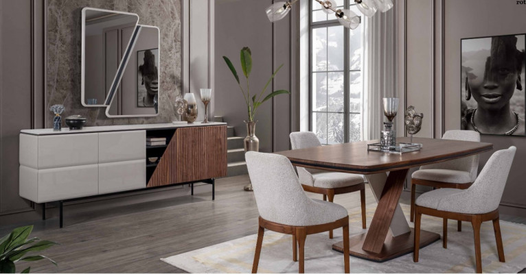 Braun-Graue Esszimmer Garnitur Esstisch 4x Stühle Kommode Spiegel 7tlg