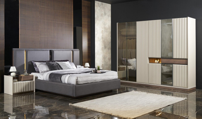 Modern Komplett Schlafzimmer Möbel Set Bett 2x Nachttisch Kleiderschrank 4tlg