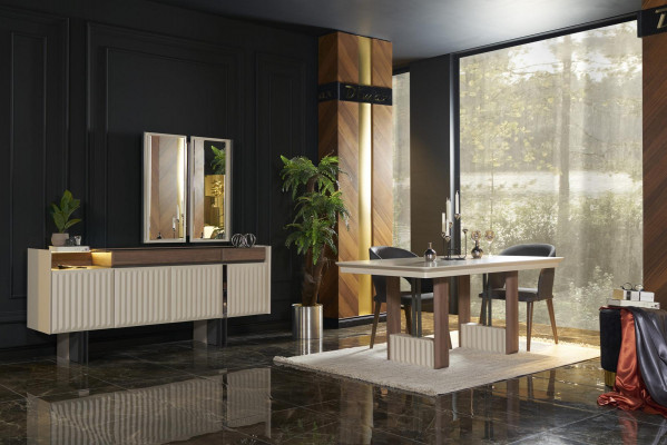 Esszimmer Set Esstisch 4x Stühle Kommode Spiegel Modern Set Weiß Essgruppe