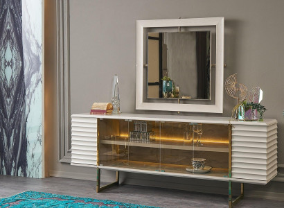 Anrichte Garnitur Sideboard mit Spiegel Esszimmer Holz Beige Kommode