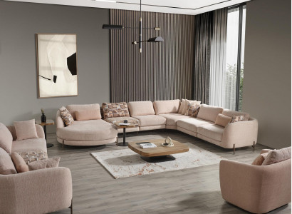Wohnzimmer Set 6tlg Garnitur Ecksofa U-Form Holz Couchtisch Luxus Einrichtung