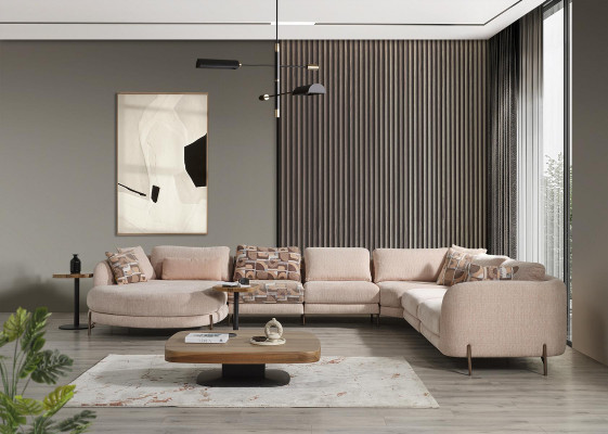 Wohnzimmer Set 6tlg Garnitur Ecksofa U-Form Holz Couchtisch Luxus Einrichtung