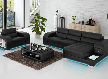 Ledersofa Couch Wohnlandschaft Ecksofa + Sessel Garnitur Design Sofa
