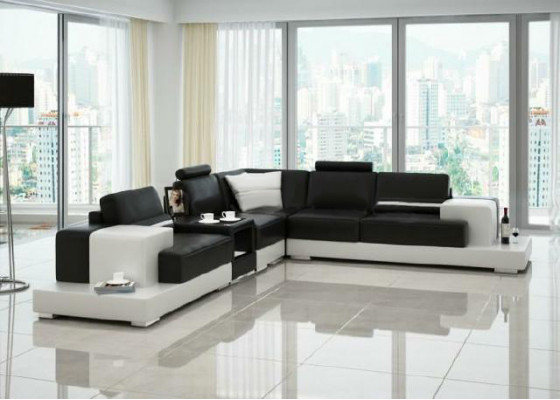Sofa Couch Wohnlandschaft XXL Couch Ledersofa mit Ottomane Sofagarnitur 2725