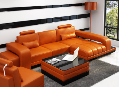 Ledersofa Couch Wohnlandschaft Ecksofa Eck Garnitur Design Sofa USB Orange Neu