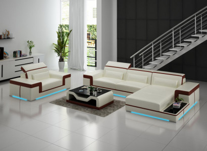 Ledersofa Couch Wohnlandschaft Ecksofa + Sessel Eck Garnitur Dekor Design