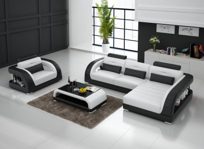 Ledersofa Couch Wohnlandschaft Ecksofa + Sessel Neu Garnitur Design