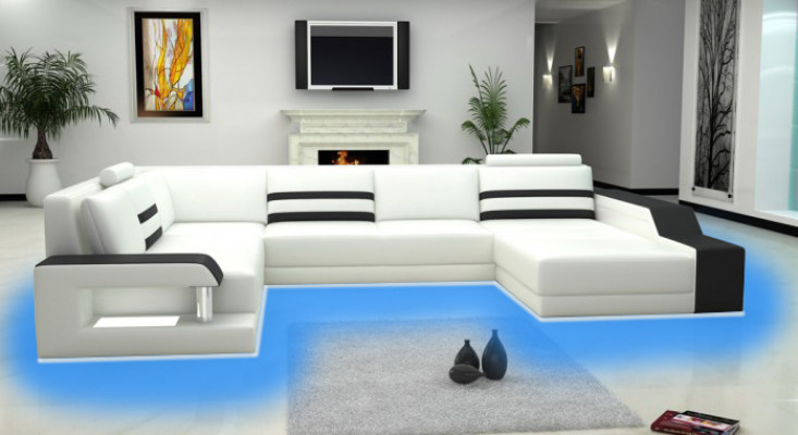 Designersofa Ecksofa mit USB,Ledersofa Polster Sitz Eck Garnitur LED Couch