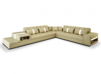 Ecksofa Sofa Couch USB Polster Wohnlandschaft Ledersofa design L Form Neu Beige