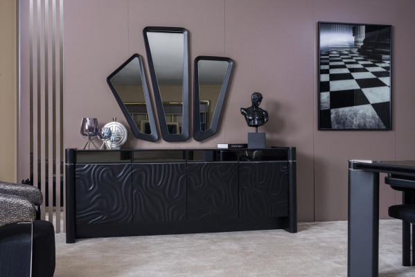 Schwarzes Esszimmer Set Esstisch 6xSühle Sideboard 3x Spiegel Essgruppe Luxus