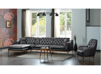 Schwarz Wohnzimmer Set Ecksofa L-Form Sessel Modern Chesterfield Komplett
