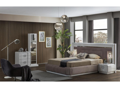 Modern Schlafzimmer Set Bett + 2x Nachttische + Kommode mit Spiegel Luxus Neu