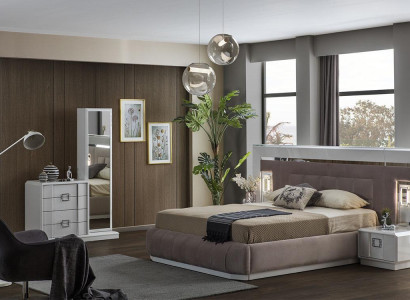 Modern Schlafzimmer Set Bett + 2x Nachttische + Kommode mit Spiegel Luxus Neu