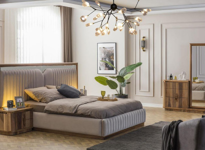 Modernes Schlafzimmer Set Bett + 2x Nachttische + Kommode mit Spiegel Modern