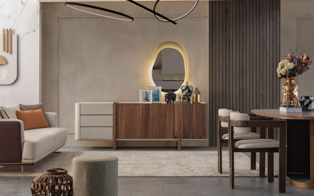 Luxuriöse Esszimmer Set Esstisch + 6x Stühle + Anrichte + Spiegel 9 tlg Modern