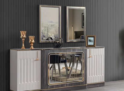 Modernes Sideboard mit 2x Spiegeln Designer Wohnzimmer Möbel Holz Kommode