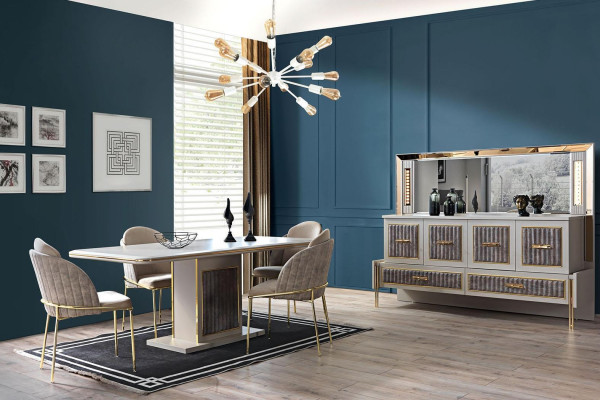 Luxur Esszimmer Set Esstisch 6x Stühle Anrichten mit Spiegel 8 tlg Möbel