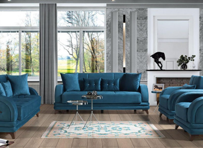 Sofagarnitur 3+2+1+1 Holz Wohnzimmer Luxus Sofa Modern Stoff Komplett Neu Modern