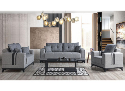 Graue Sofagarnitur 3+2+1 Sitzer Textil Holz Sofa Sessel Komplett Set