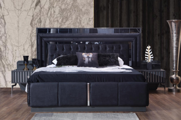 Komplettes Schwarzes Schlafzimmer Set Luxus Doppelbett Nachttische 4tlg