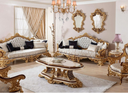 Weiß-Goldene Chesterfield Sofagarnitur 3+3+1 Sitzer Couch Sessel 3tlg