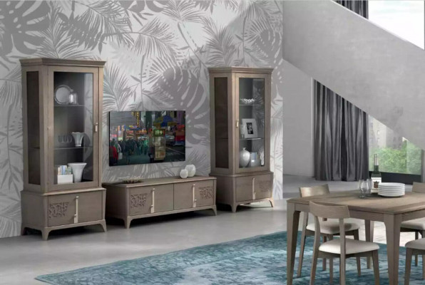 Wohnwand Klassische TV-Ständer Wohnzimmer Vitrine Sideboard Grau 3tlg.