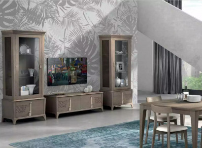 Wohnwand Klassische TV-Ständer Wohnzimmer Vitrine Sideboard Grau 3tlg.