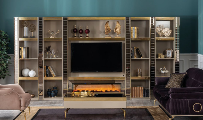 Wohnzimmer Wonwand Holz Luxus Garnitur neu Stil Modern Luxus Beige