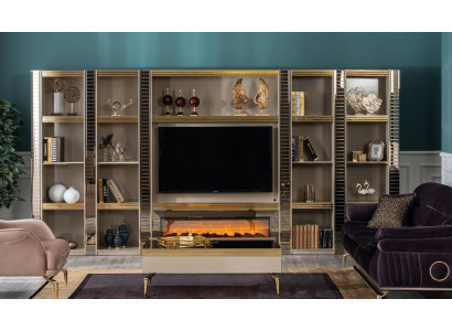 Wohnzimmer Wonwand Holz Luxus Garnitur neu Stil Modern Luxus Beige