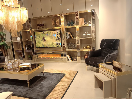 Wohnzimmer Wonwand Holz Luxus Garnitur neu Stil Modern Luxus Beige