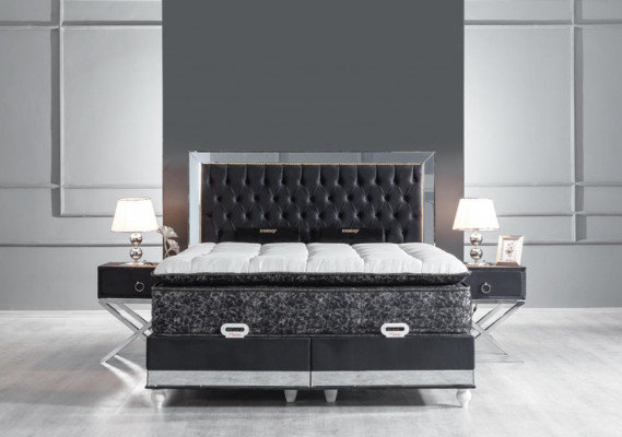 Schlafzimmer Set Schwarz Metall Bett 2x Nachttische Luxus Neu 3tlg.