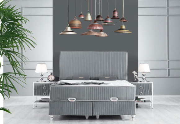 Schlafzimmer Set Grau Metall Bett Boxspring Design 2x Nachttische Neu 3tlg.
