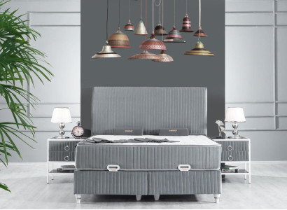 Schlafzimmer Set Grau Metall Bett Boxspring Design 2x Nachttische Neu 3tlg.