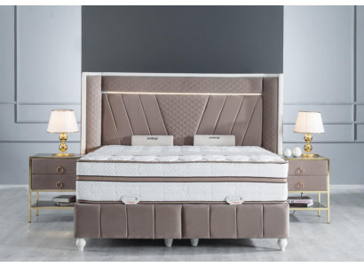 Luxus Schlafzimmer Set Beige Bett 2x Nachttisch Betten Möbel Led 3tlg