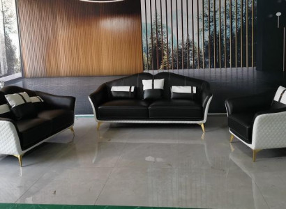 Schwarze Sofagarnitur 3+2+1 Set Wohnlandschaft Sofa Couch Garnitur Ledersofa Neu