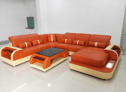 Wohnlandschaft u Form Ledersofa Polster Ecksofa Sofa Couch Leder Textil usb neu