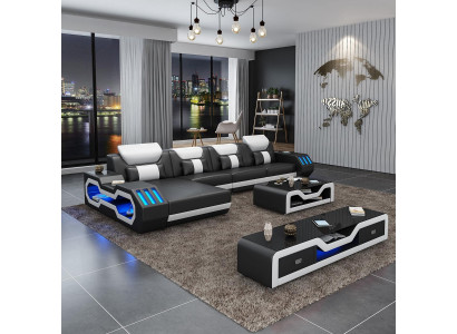 Leder Modern Couch Wohnlandschaft Ledersofa Sofagarnitur Sofa L-Form Couchtisch