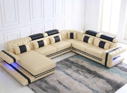 Leder Polster Sitz Design Modern Eck Garnitur Sofa Wohnlandschaft U Form USB LED