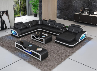 Ecksofa Schwarz mit Couchtisch 2tlg. Wohnzimmer Ledersofa Set Eckgarnitur Tisch