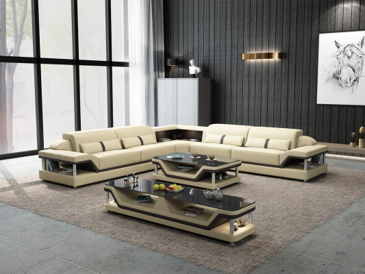 Ecksofa Schwarz mit Couchtisch 3tlg. Wohnzimmer Ledersofa Set Eckgarnitur Tisch