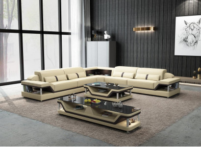 Ecksofa Schwarz mit Couchtisch 3tlg. Wohnzimmer Ledersofa Set Eckgarnitur Tisch
