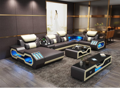 Ecksofa UForm Couchtisch Ledersofa Wohnlandschaft Designer Sofa 2tlg.Set led usb